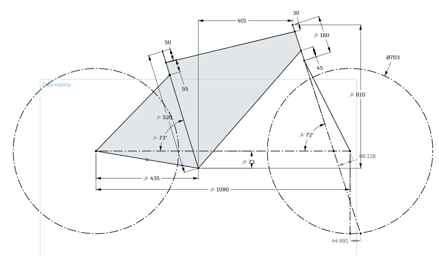 Schéma de géométrie du cadre vélo Racine prototype taille L, avec les cotes principales : angles, stack, reach, empattement et longueur des bases